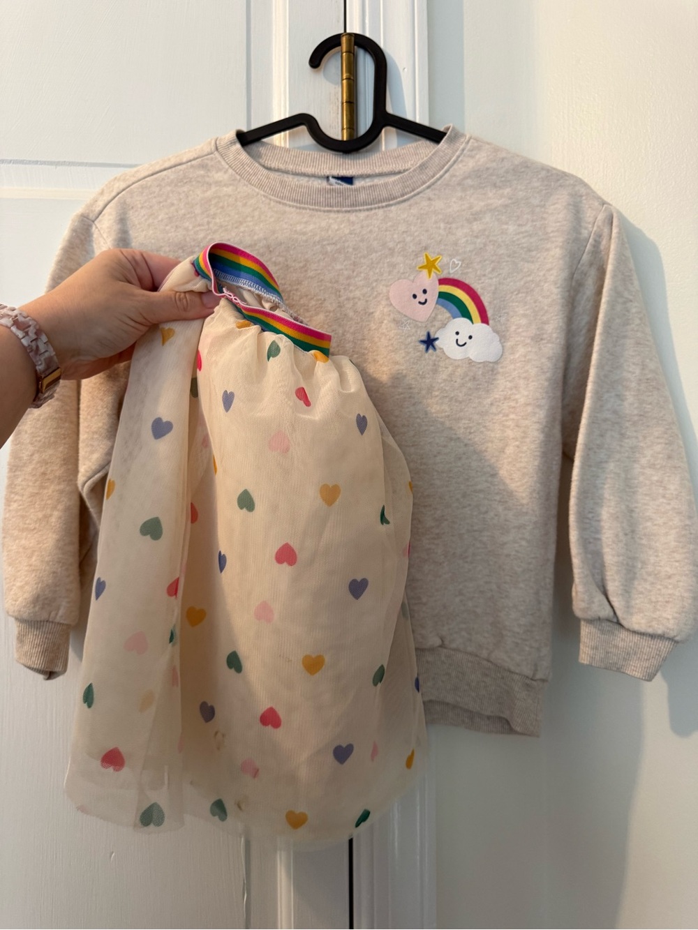 Old Navy Cream Sweatshirt & Heart Skirt Set with Rainbow Trim